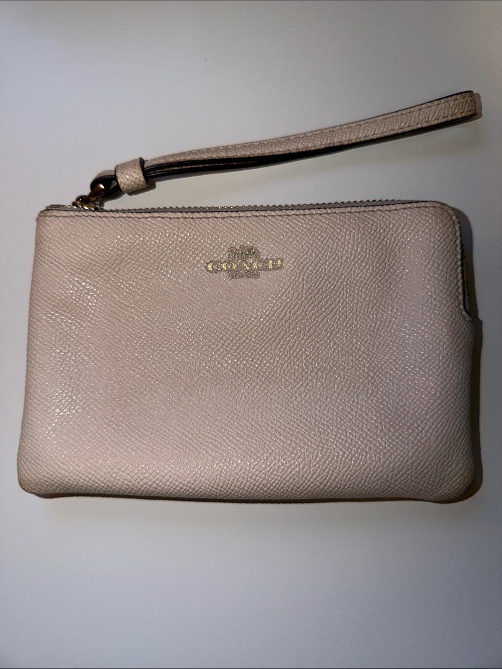 Coach Pebbled Leather Wristlet in Champagne with Gold Logo